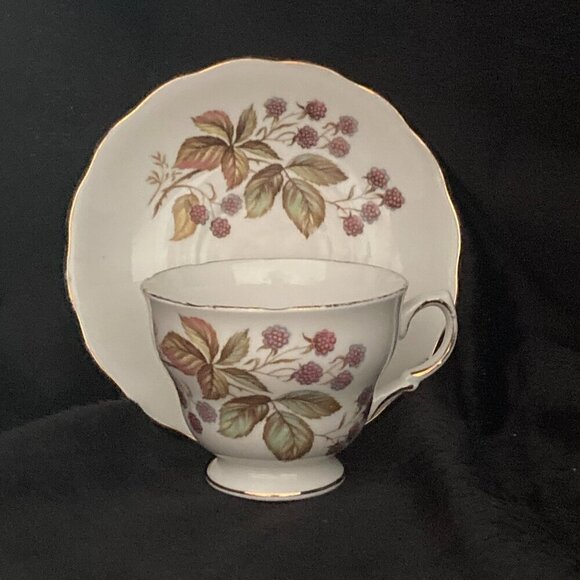 Vintage Royal Vale #7976 Black Berries And Leaves Tea Cup and Saucer - Picture 1 of 5